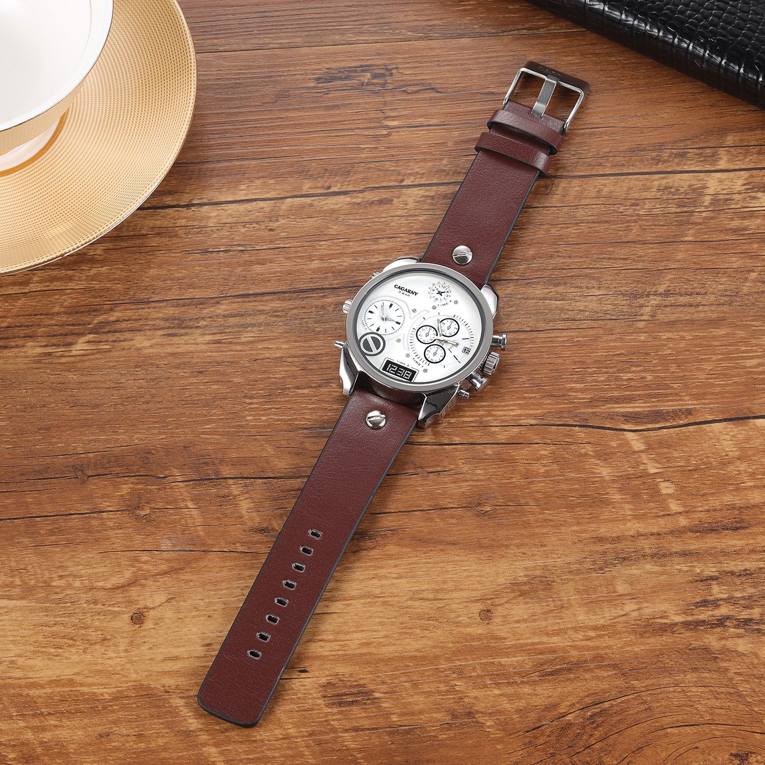 Creative Double Time Zone PU Leather Belt Men's Watches Watch - Image 4