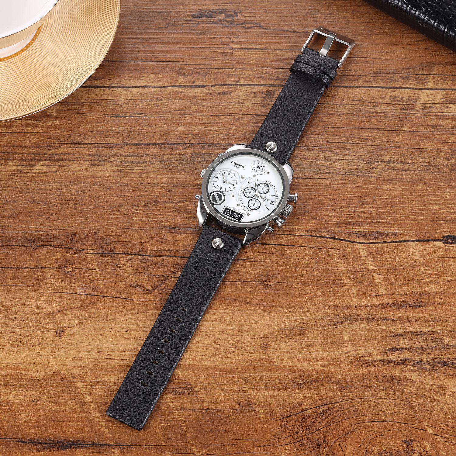Creative Double Time Zone PU Leather Belt Men's Watches Watch - Image 3