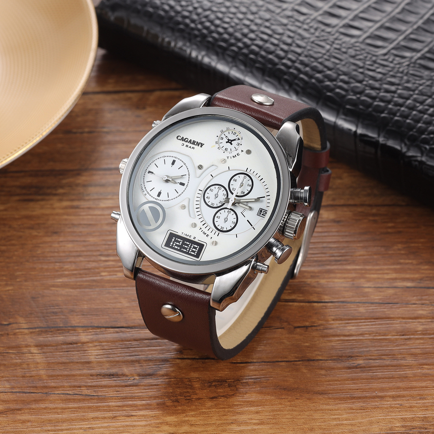 Creative Double Time Zone PU Leather Belt Men's Watches Watch - Image 6