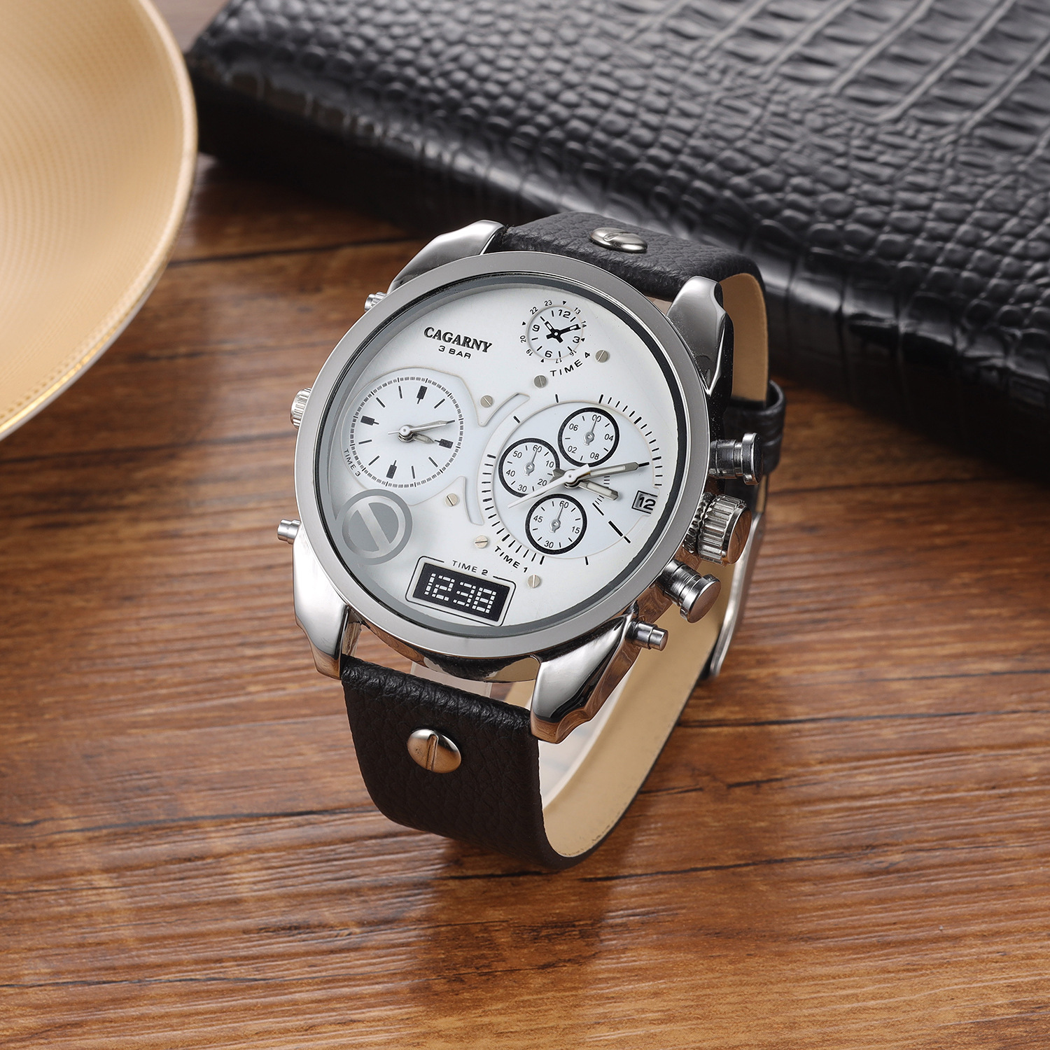 Creative Double Time Zone PU Leather Belt Men's Watches Watch - Image 7
